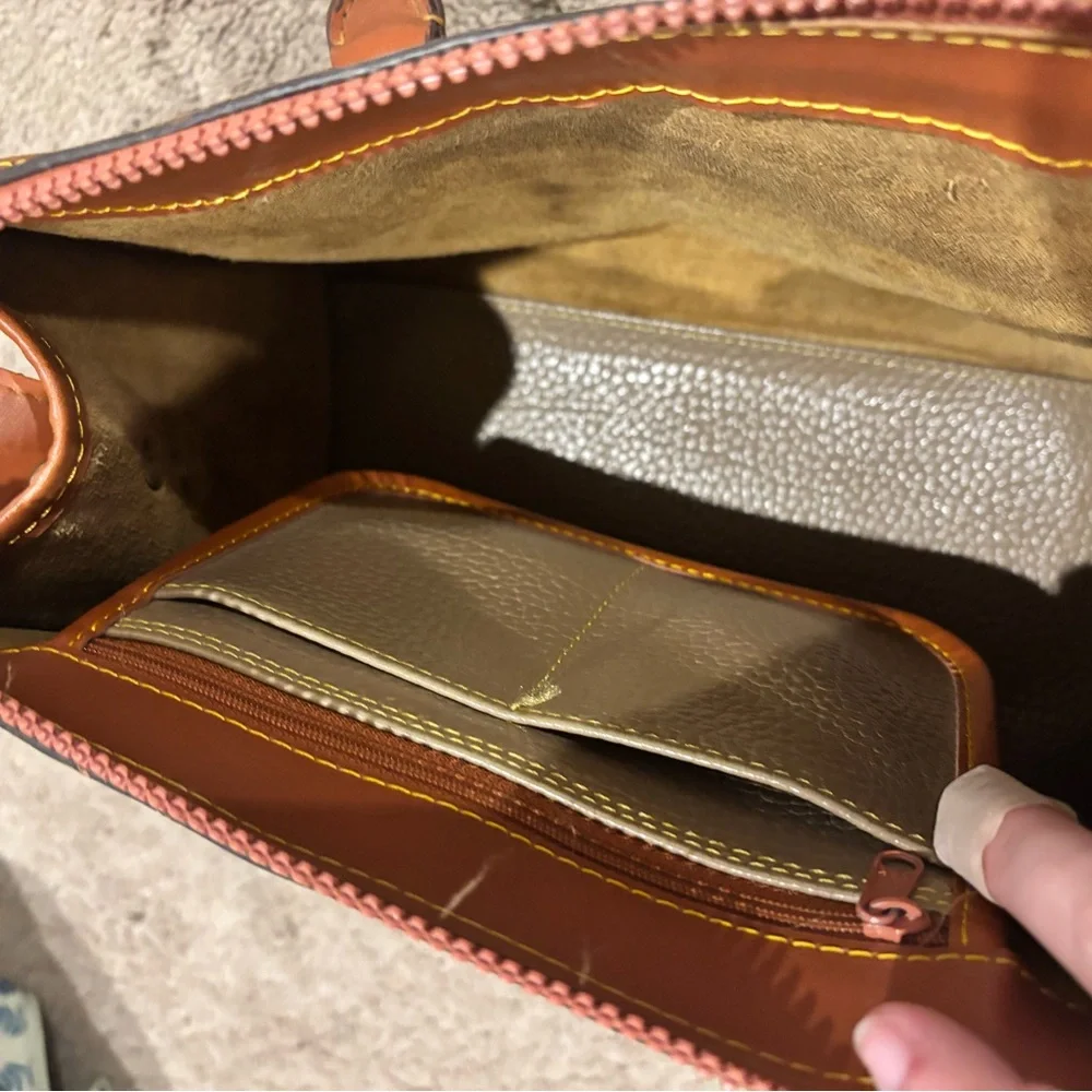 Dooney & Bourke Olive Green Pebbled Leather Satchel with Tan Trim